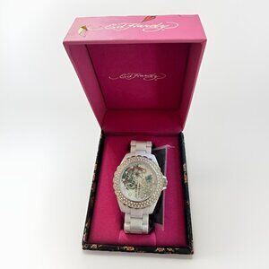 NEW Vintage Ed Hardy Women's Watch NIB NWT White With Rhinestones Koi Fish Y2K